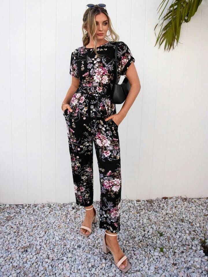SHEIN LUNE Floral Print Belted Jumpsuit | SHEIN