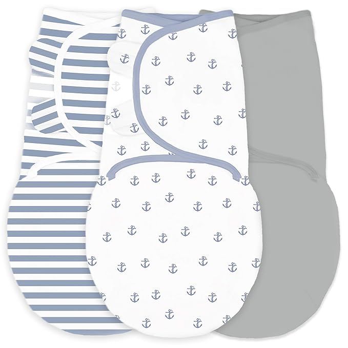 Amazing Baby Swaddle Blanket with Adjustable Wrap, Set of 3, Tiny Anchors, Stripes and Solid, Den... | Amazon (US)