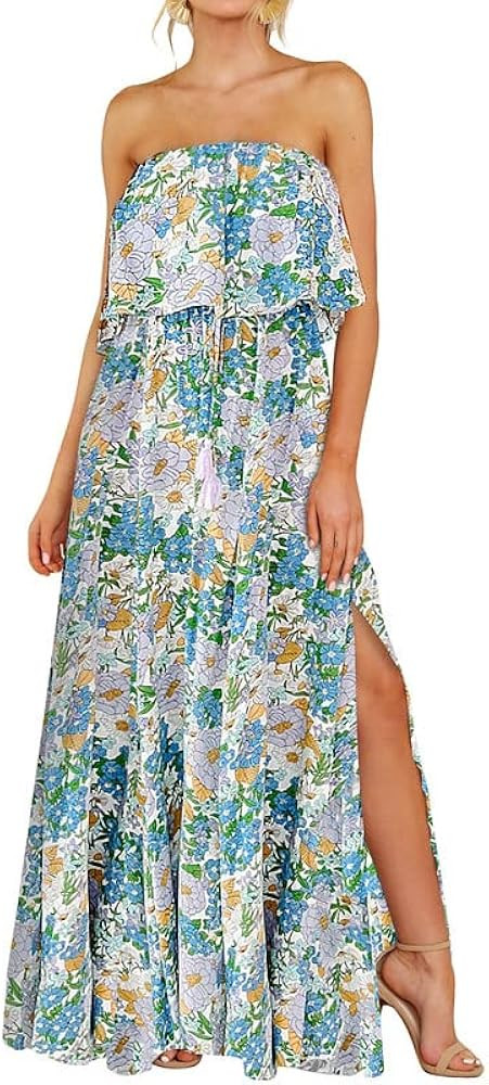 Dokotoo Womens Strapless Dresses Casual Summer High Waist Side Split Flowy Boho Maxi Dress | Amazon (US)