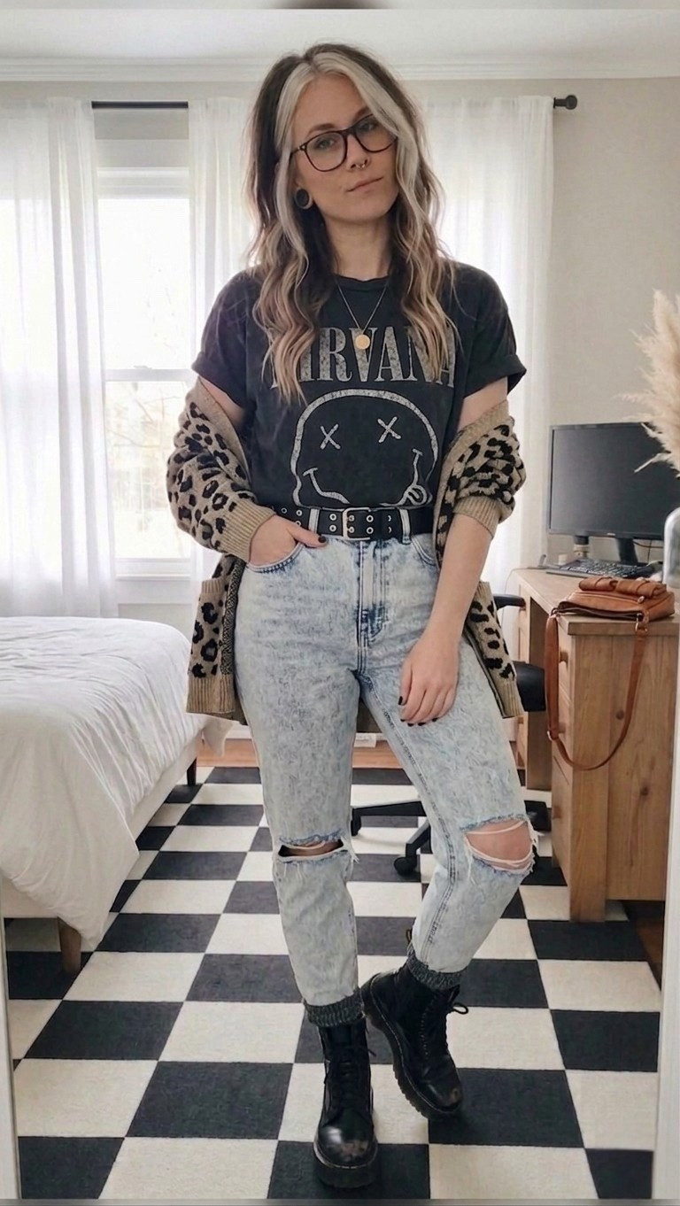 Channeling all the vintage vibes today with this effortless everyday look. This faded Nirvana graphic tee is the perfect base for layering, especially when paired with a leopard print cardigan to add some texture. These acid wash mom jeans have the perfect amount of distress, and you can’t go wrong with platform combat boots for that extra edge. This fit is cozy, edgy, and honestly, a total mood.

#LTKSeasonal #LTKMidsize #LTKootd