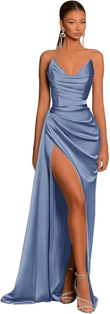 Eightale Satin Strapless V-Neck Long Prom Dress Tight Ruched Formal Party Dress | Amazon (US)