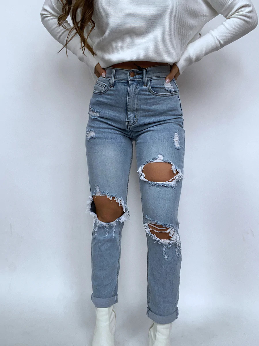 Lindsey Light Wash High Waisted Distressed Mom Jeans | Willow Boutique
