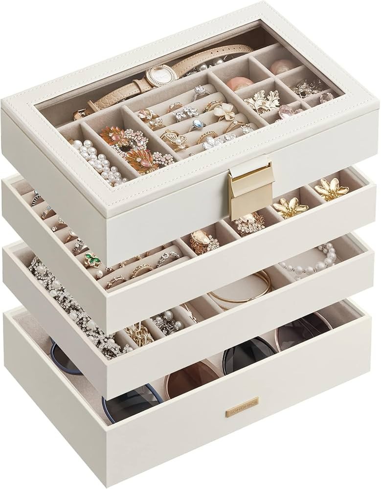 SONGMICS Stackable Jewelry Trays, 4-Tier Jewelry Box, Drawer Jewelry Organizer, with Glass Lid, R... | Amazon (US)