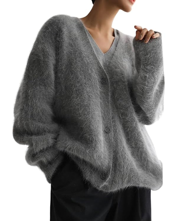 Yimoon Womens Fuzzy Cardigan Sweater V Neck Long Sleeve Button Down Slouchy Furry Knit Sweaters 2... | Amazon (US)