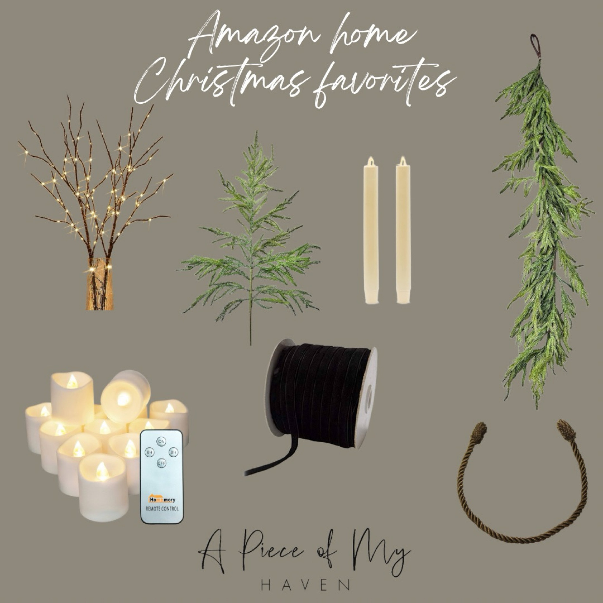 These are some of my Christmas decor staples from Amazon. 

Lit branches, birch tree, Remote control tea lights, black velvet ribbon, flameless candle, Luminara candle, Norfolk pine stem, Norfolk pine garland, decorative twist ties

#LTKfindsunder50 #LTKhome #LTKHoliday