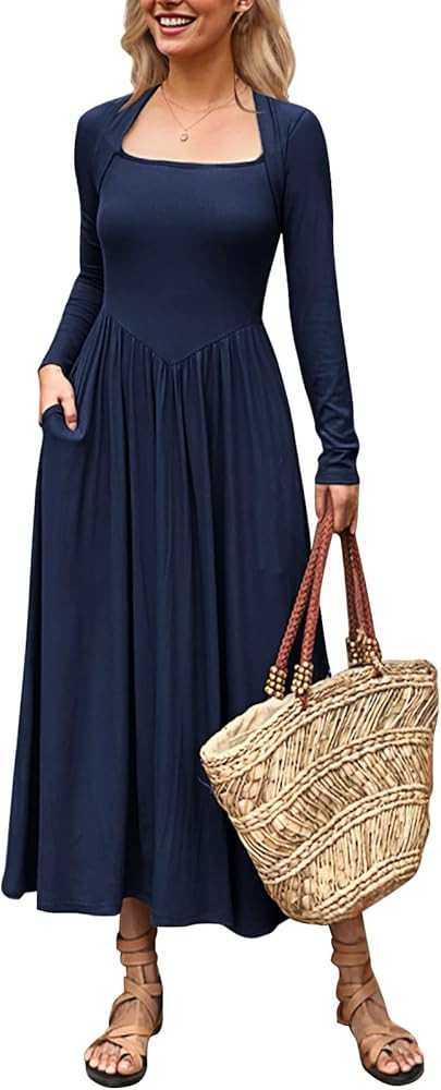 Women's Long Sleeve Maxi Dress 2024 Fall Crewneck Knit Casual Solid Wedding Guest Flowy Long Dres... | Amazon (US)