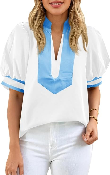 Cicy Bell Womens Color Blcok Puff Sleeve Blouses Summer Casual Dressy V Neck Tops Loose Fit Tee S... | Amazon (US)
