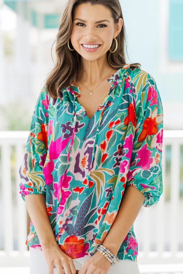 Boldly You Teal Green Floral  Blouse | The Mint Julep Boutique