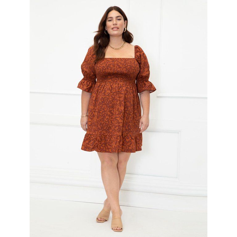 ELOQUII Elements Women's Plus Size Square Neck Smocked Bodice Dress - Walmart.com | Walmart (US)