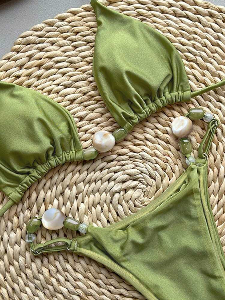 Women's Solid Color Backless Tie-Up Beaded Bikini Set, Made Of High Stretch Fabric | SHEIN