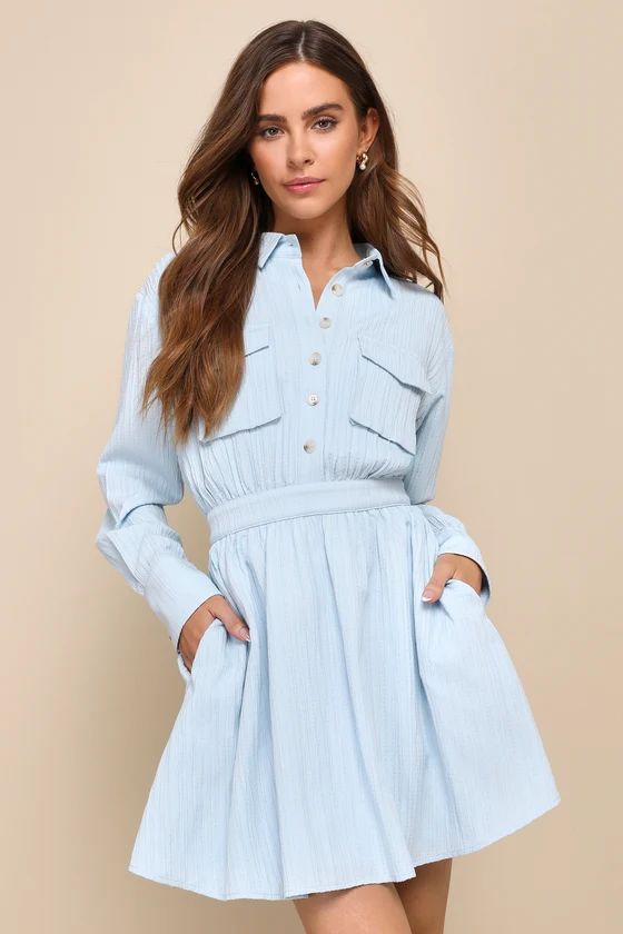 Adored Persona Light Blue Textured Mini Dress With Pockets | Lulus