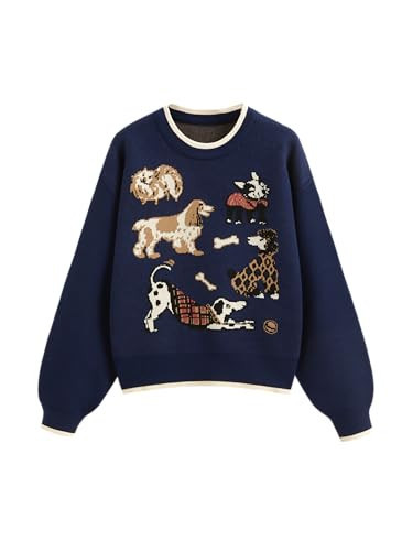 CIDER Women's Fall Cozy Sweaters Cute Sweaters Dog Graphic Long Sleeve Crewneck Soft Knit Casual Pullover Trendy 2025 Navy Blue | Amazon (US)