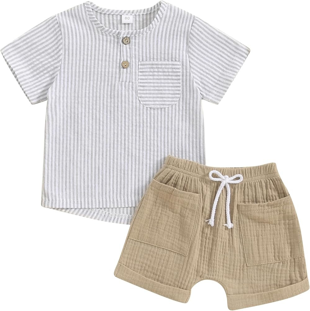 fhutpw Baby Boy Summer Outfits Henley Shirt Soft Pocket Short Sleeve Tops & Shorts Sets Infant 3 ... | Amazon (US)