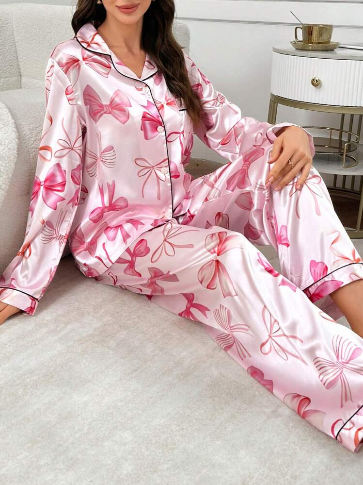 Bow-Knot Faux Silk Shawl Collar Open Front Long Sleeve Pajama Set | SHEIN