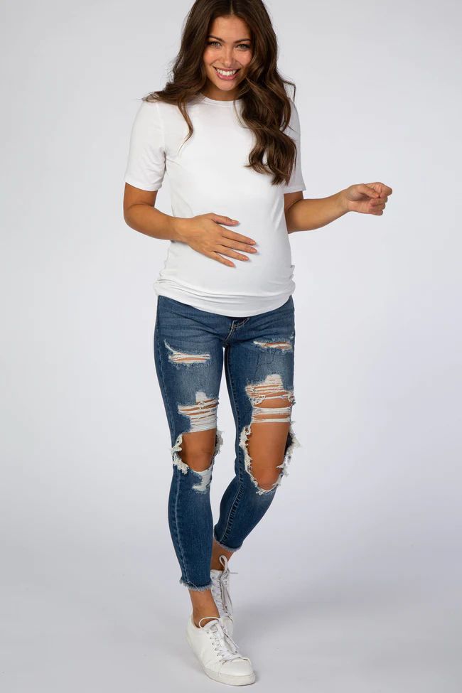 Navy Blue Ripped Knee Distressed Crop Maternity Jeans | PinkBlush Maternity