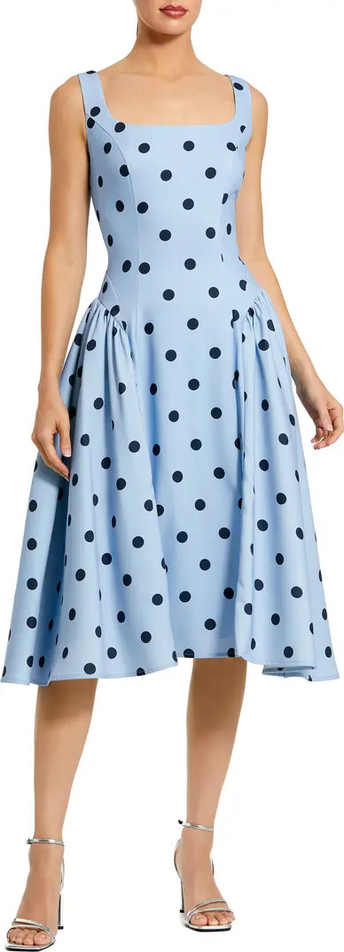 Polka Dot A-Line Midi Dress with Square Neck and Ruffle Gussets | Nordstrom