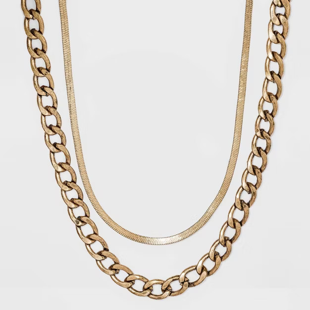 18" Curb Chain and Herringbone Necklace Set 2pc - Universal Thread™ Worn Gold | Target