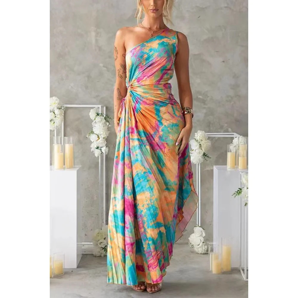 Women's designer tie-up pleated print one-shoulder sleeveless dress | Walmart (US)