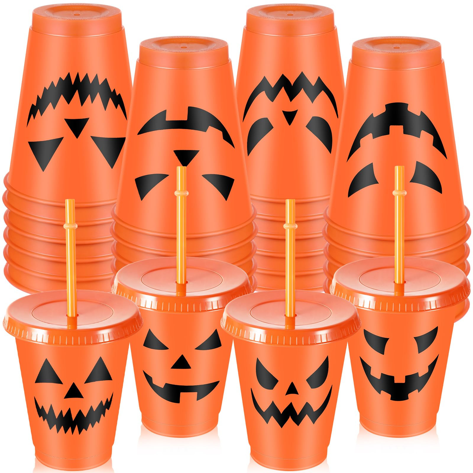 16 Pcs Halloween Party Cups 16 oz Plastic Cups with Lids and Straws Pumpkin Face Reusable Tumbler... | Amazon (US)