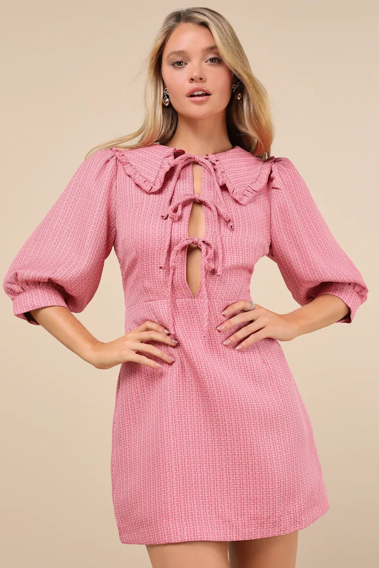 Rayenna Pink Tweed Tie-Front Mini Dress | Lulus