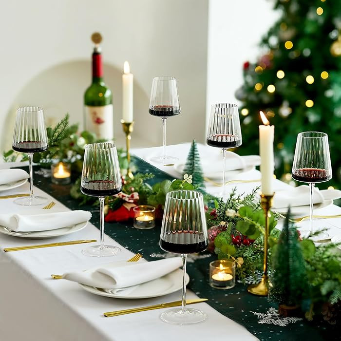 Ribbed Wine Glasses Set of 6: 13.5oz Cute Hand Blown Lead-Free Crystal Long Stem Red Wines Cups f... | Amazon (US)