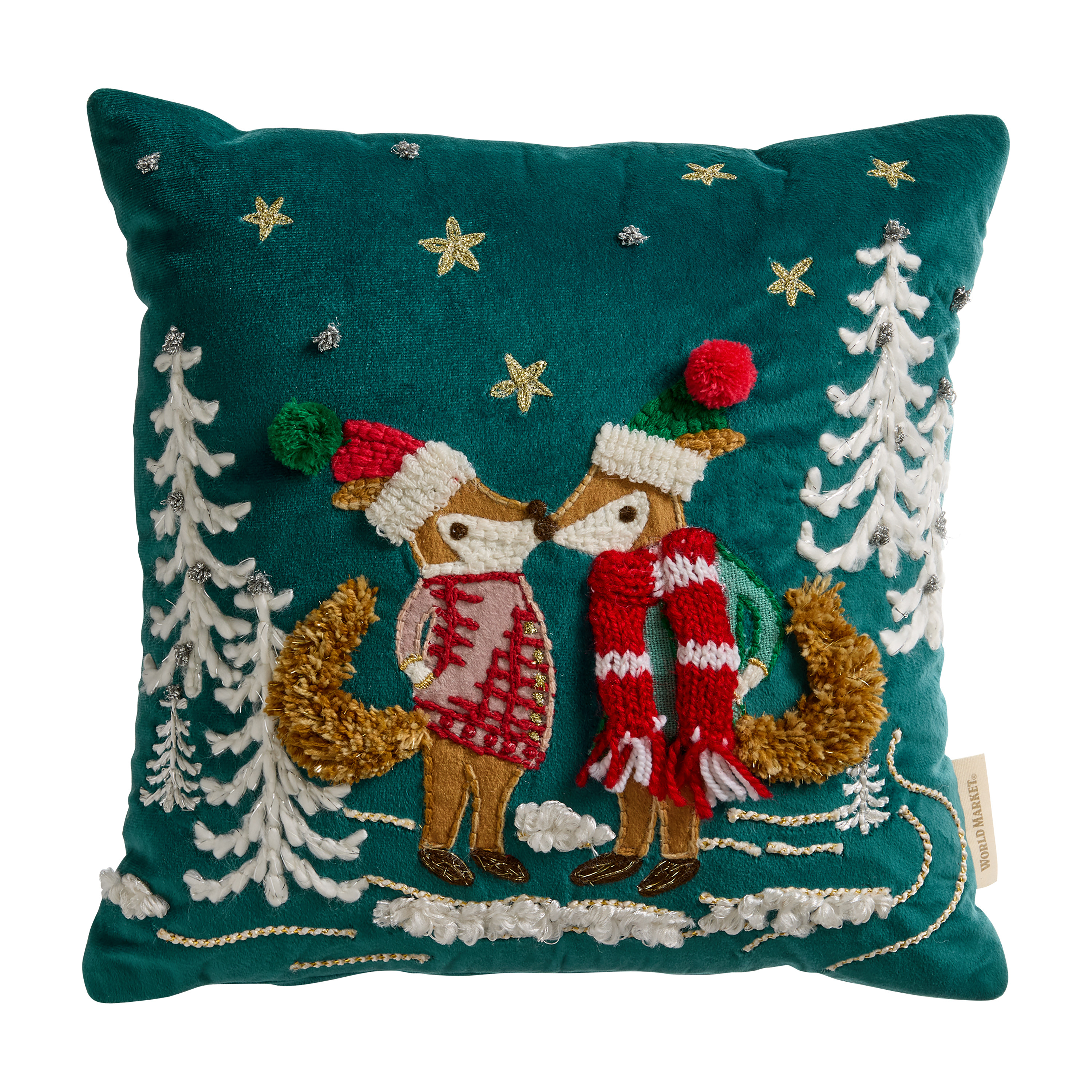 Dark Teal Velvet Winter Foxes Embroidered Throw Pillow | World Market