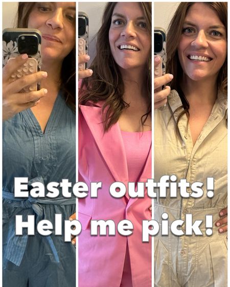 Easter outfit options!

Pink suit- XL top and jacket, size 14 pants 
Blue- large
Khaki- large, but runs big. Might try on a medium!