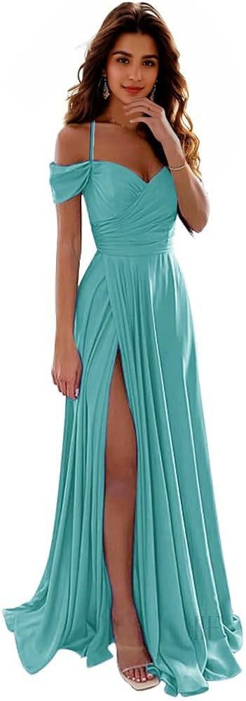IIF Satin Bridesmaid Dresses Off Shoulder Spaghetti Strap Long Ruched A Line Formal Prom Dress wi... | Amazon (US)