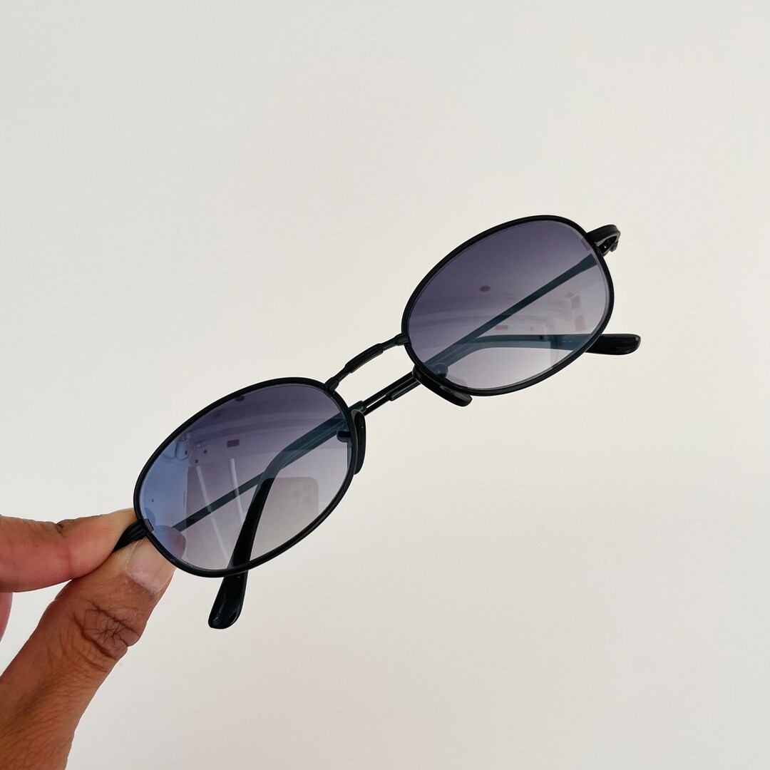 Authentic Vintage Mini Black Metal Frame Oval Sunglasses With Mirror Lens - Etsy | Etsy (US)