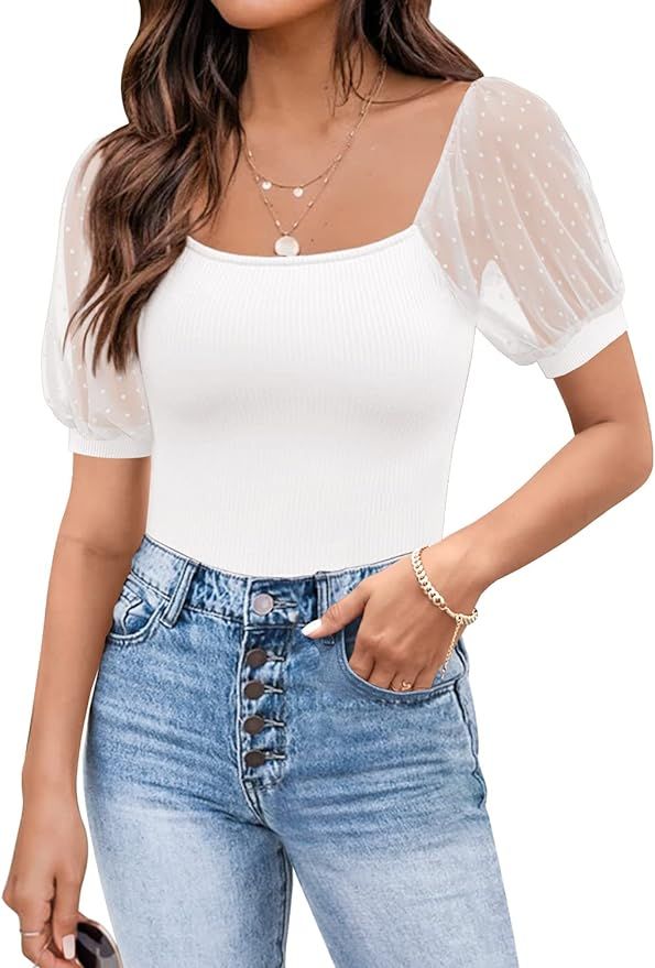 DOROSE Womens Summer Tops Sexy Casual Mesh Short Sleeve Shirts Blouses | Amazon (US)
