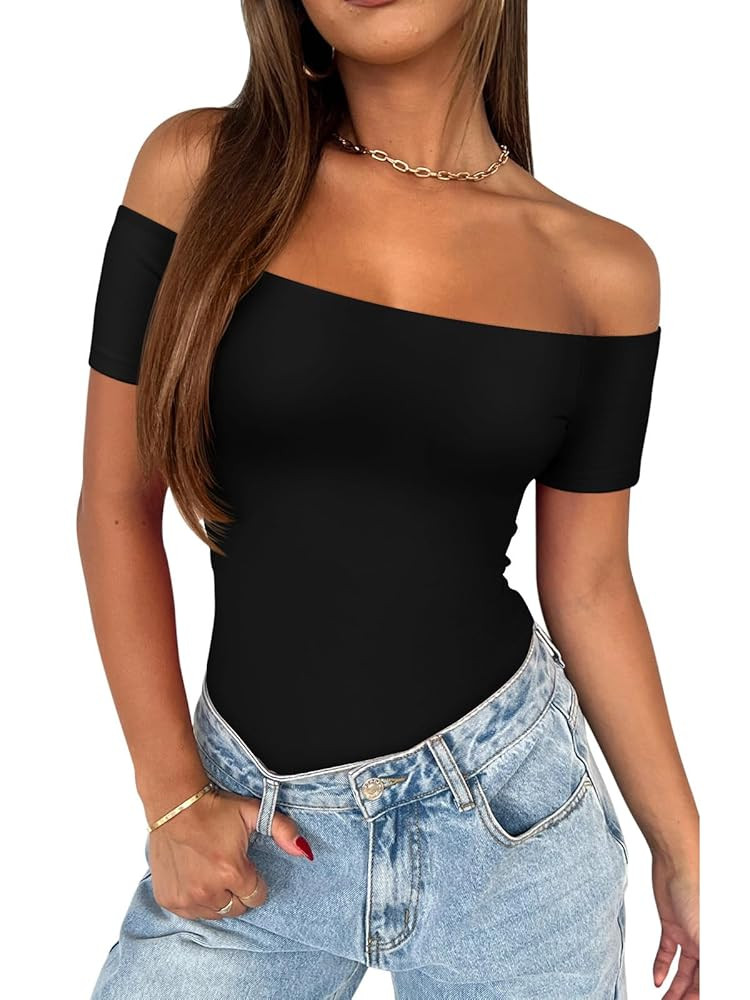REORIA Women Sexy Off The Shoulder Short Sleeve Backless Basic Double Lined Thong Bodysuit Tops | Amazon (US)