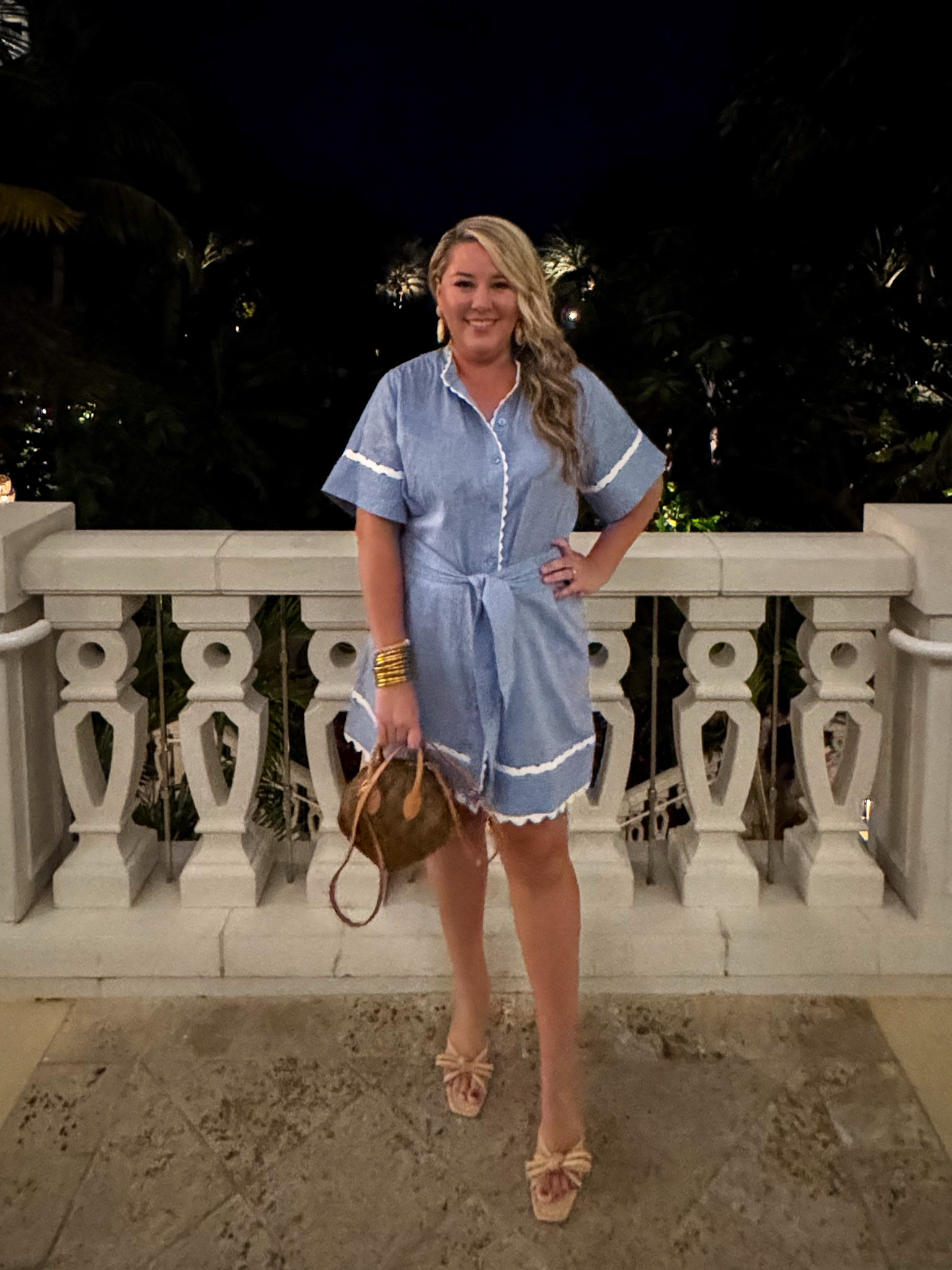 Tonight’s dinner look in the Bahamas - this cute chambray and ric rac dress from Tuckernuck! I’m 5’9” and in the size XL and it’s very roomy. I paired it with these raffia bow heels, seashell earrings and my seashell Louis Vuitton purse. #ltktravel #ltkover40 #ltkmidsize #ltkfindsunder100 #ltkseasonal #ltksalealert #ltkwedding #ltkworkwear #ltkshoecrush #ltkitbag vacation dress, resort wear, Easter dresss

#LTKMidsize #LTKOver40 #LTKSeasonal