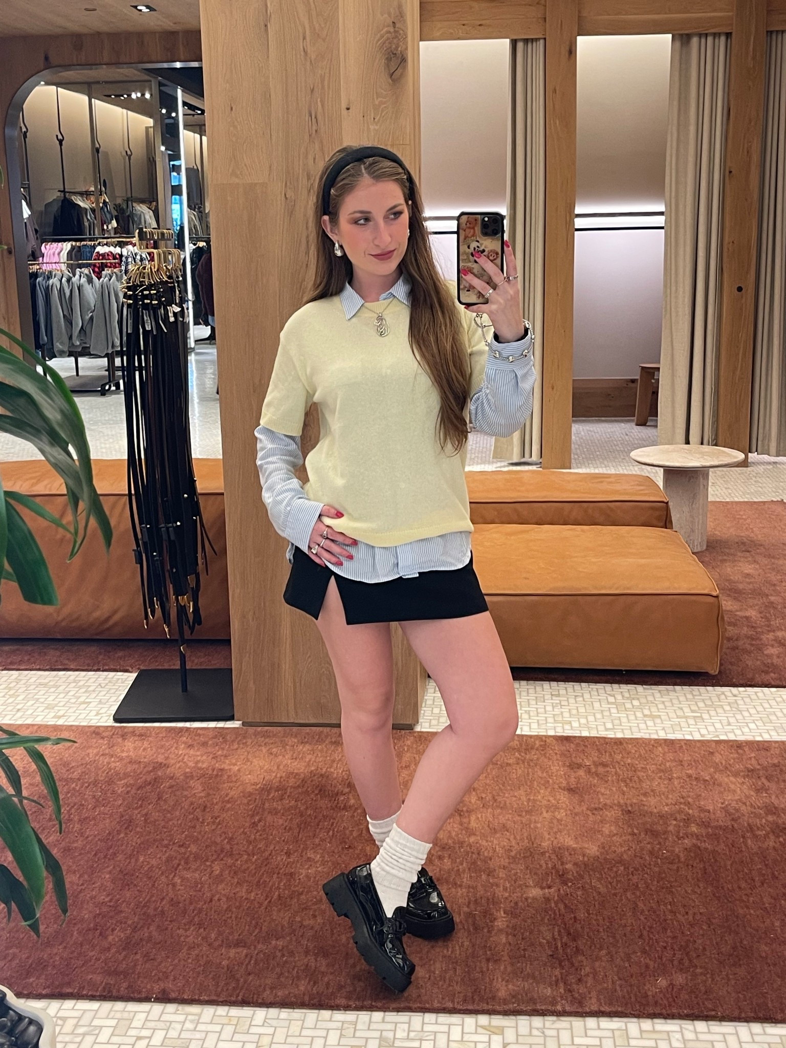 aritzia casual fall cute winter cool for outfit for work or everyday cashmere shortsleeve butter yellow layered button down shirt headband outfit loafer outfit platform short skirtt

#LTKgrwm #LTKootd #LTKWorkwear