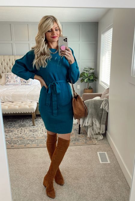 Teal off the shoulder dress in Teal under $37 - Amazon! Linked my suede leather boots from Goodnight Macaroon!

#LTKshoecrush #LTKunder50 #LTKSeasonal