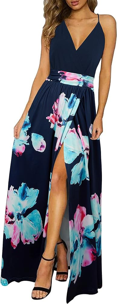 Newshows Women Summer 2025 Maxi Dress Vacation Floral Spaghetti Strap Spring Casual Boho Split Be... | Amazon (US)