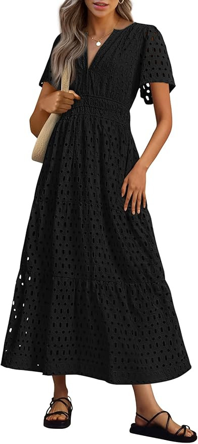 PRETTYGARDEN Womens 2025 Summer Maxi Dress Short Sleeve V Neck Hollow Out Eyelet A Line Long Flow... | Amazon (US)