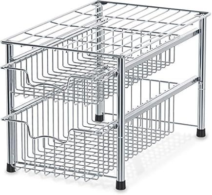 SimpleHouseware Stackable 2 Tier Sliding Basket Organizer Drawer, Chrome | Amazon (US)