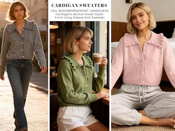 Womens Ruffle Cropped Sweater Open Front Outerwear Elegant Long Sleeve Knitted Cardigan Solid But... | Amazon (US)