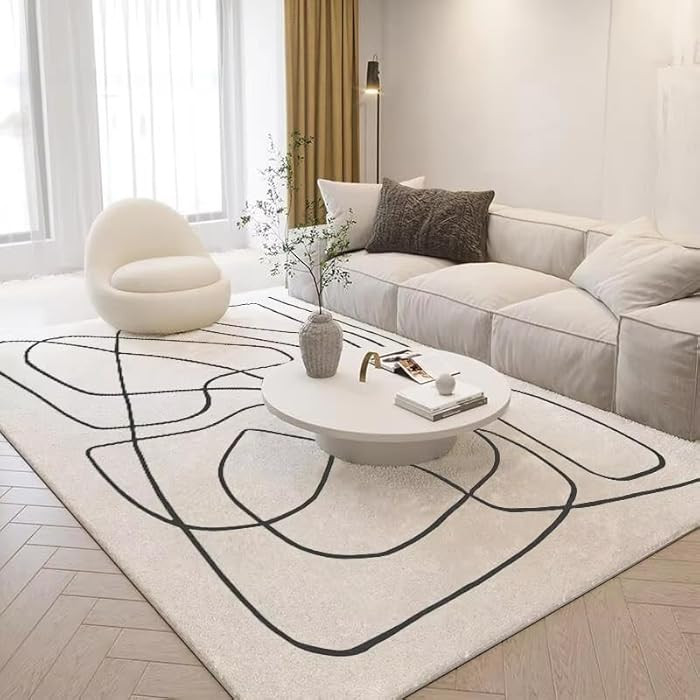 Modern Abstract Art Line Rug for Living Room 6x9ft Beige Black Stripe Contemporary Simple Washabl... | Amazon (US)