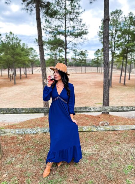 Around $40 amazon long sleeve boho maxi dress (small, 5+ colors), under $20 amazon fedora hat, $15 target paper clip necklace and $40 target western booties — this look would be perfect for family photos, or even a wedding guest! ❄️💙 #founditonamazon 

#LTKunder50 #LTKwedding #LTKunder100