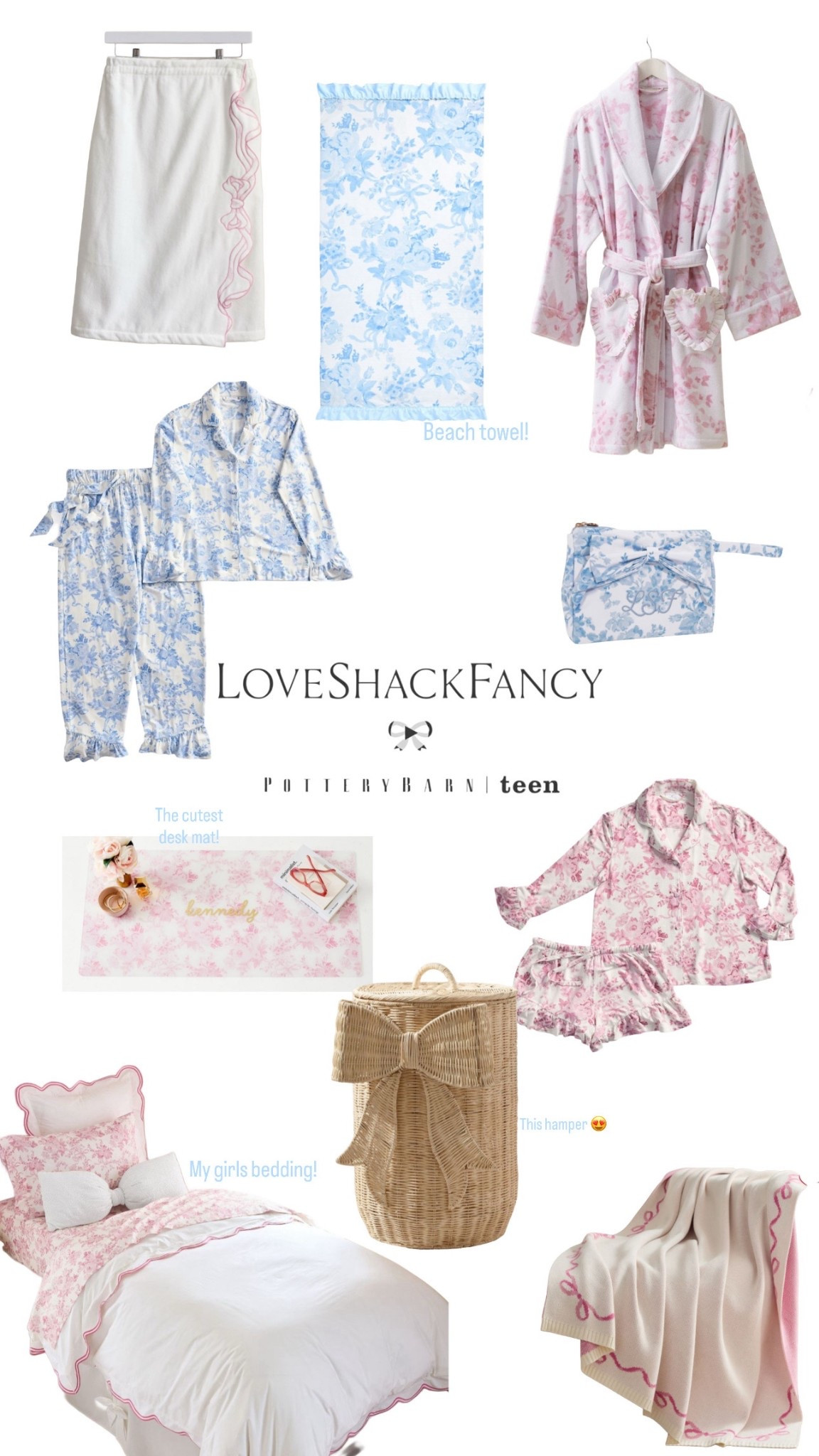 Teen tween girl love shack fancy bedroom hamper bow desk mat floral makeup bag robe towel bedding 

#LTKmomlife #LTKHome #LTKKids