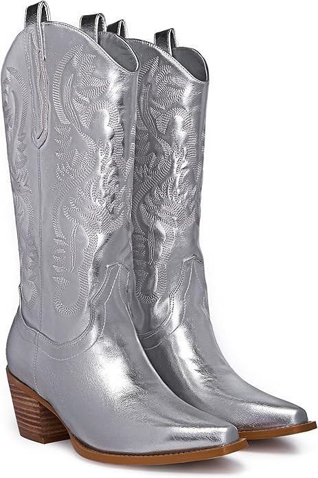 GOSERCE Western Cowboy Mid Wide Calf Boots Pull-Up Tabs Embroidered Sparkly Glitter Metallic Cowg... | Amazon (US)