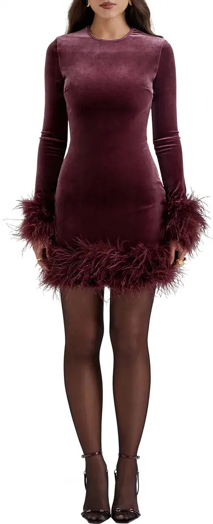 HOUSE OF CB Lavinia Feather Trim Long Sleeve Velvet Body-Con Cocktail Minidress | Nordstrom | Nordstrom