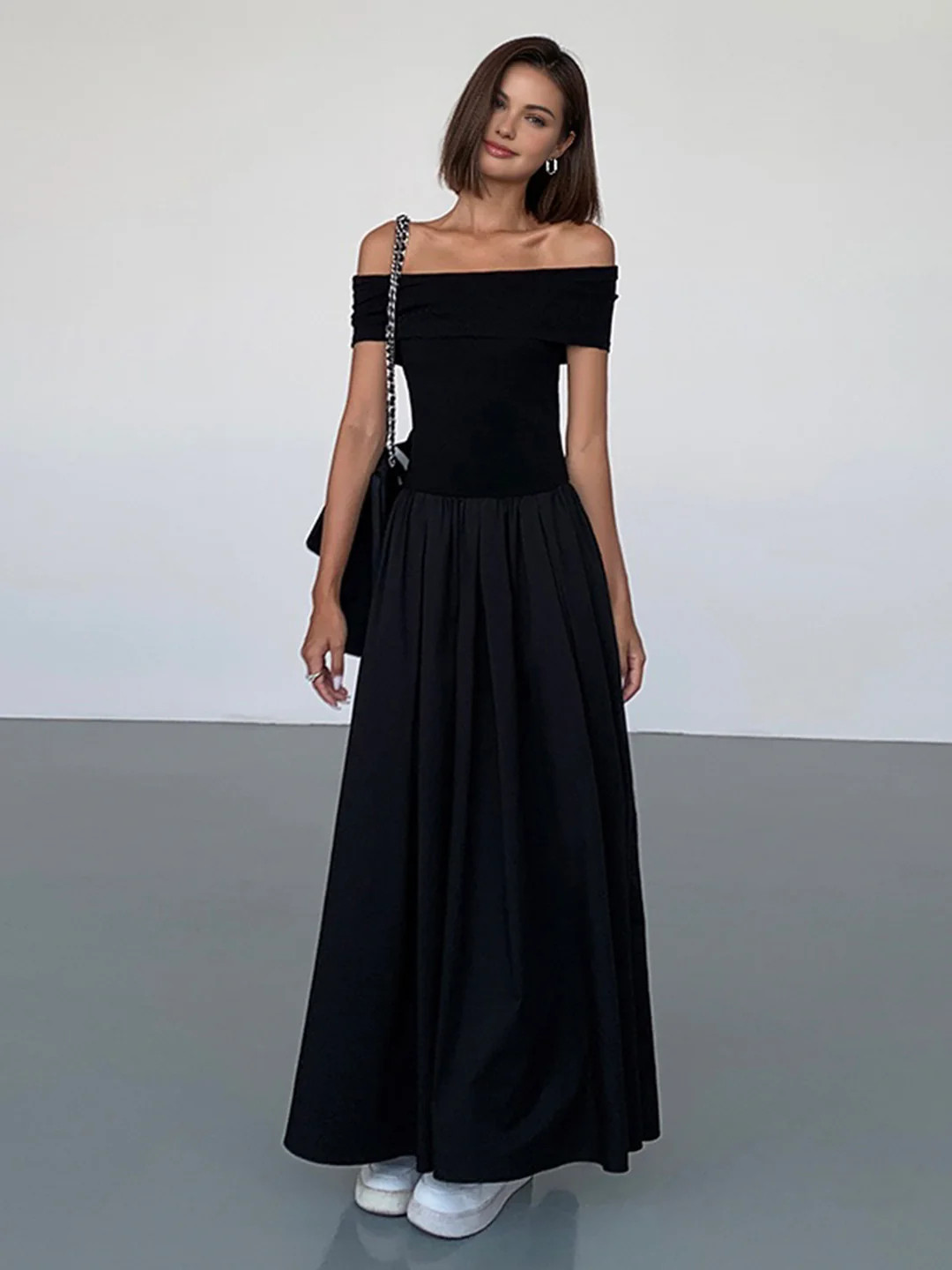 Frenchy Solid Off-Shoulder Long Dress | Commense