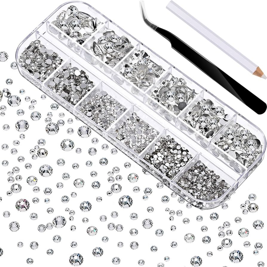 2000 Pieces Flat Back Gems Rhinestones 6 Sizes (1.5-6 Mm) Round Crystal Rhinestones with Pick up ... | Amazon (US)