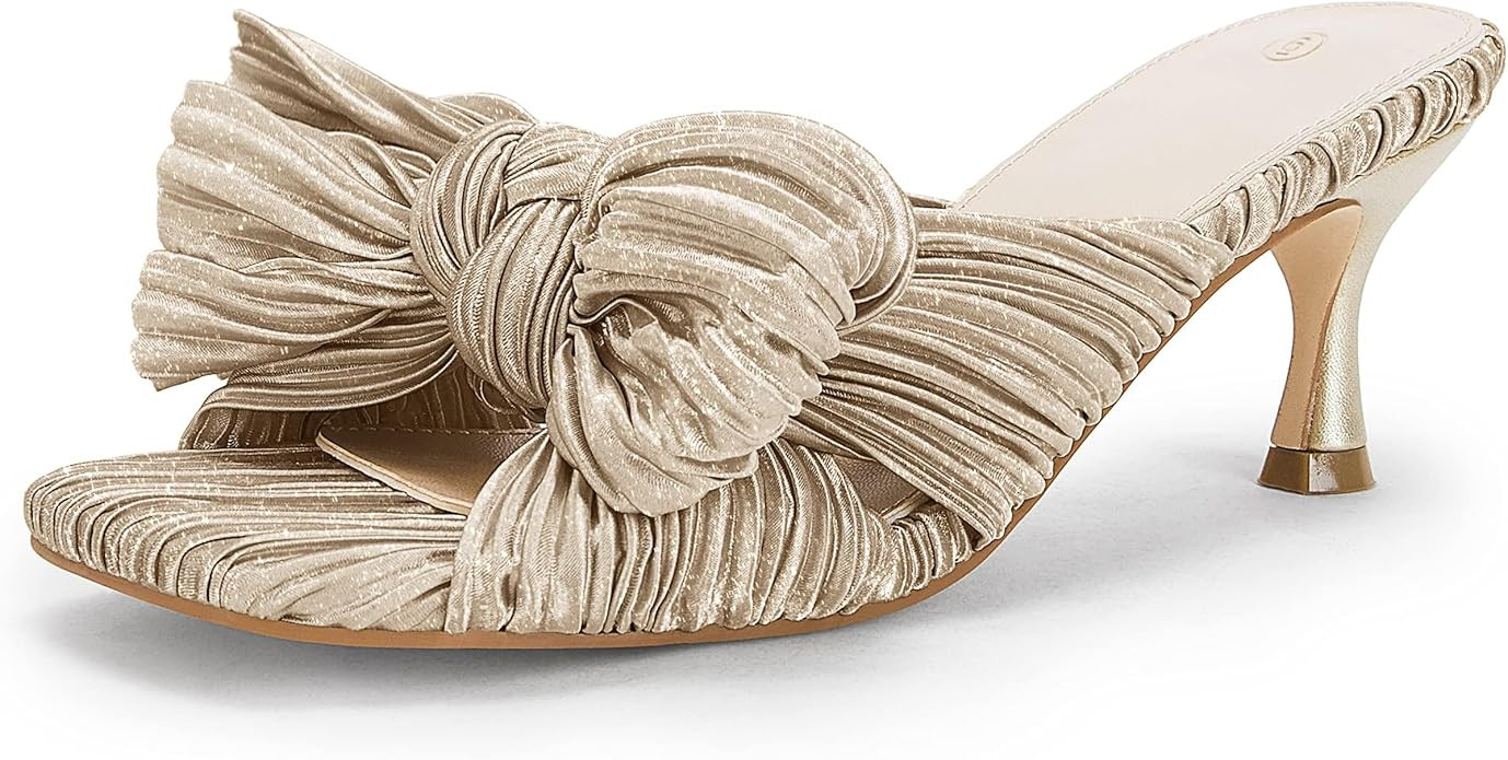 Coutgo Womens Bow Heeled Sandals Pleated Bowknot Heels Open Square Toe Cute Kitten Heel Mules Sli... | Amazon (US)