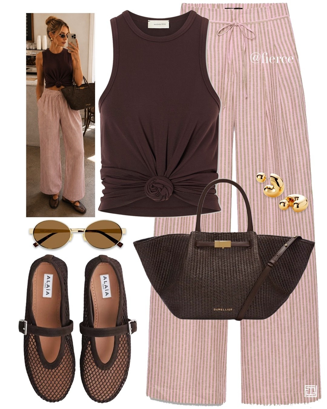 Pink striped trousers chocolate knot vest top choco brown fishnet fists ballet flats

#LTKuk #LTKsummer #LTKeurope