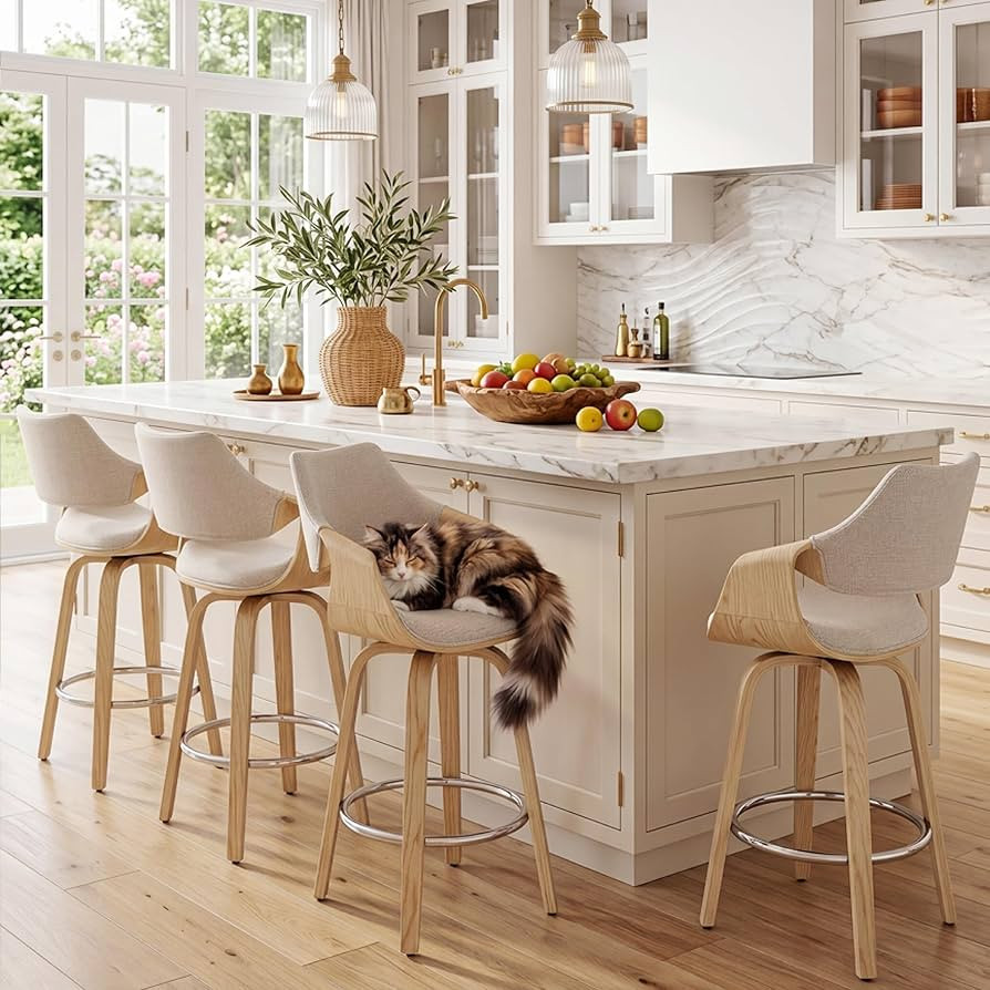 26'' Modern Barrel Swivel Counter Stools Counter Height Swivel Bar Stools with Backs Set of 4, Beige Chenille Upholstered Bar Height stools, Farmhouse Solid Wood Barstools for Kitchen Island, Home Bar | Amazon (US)