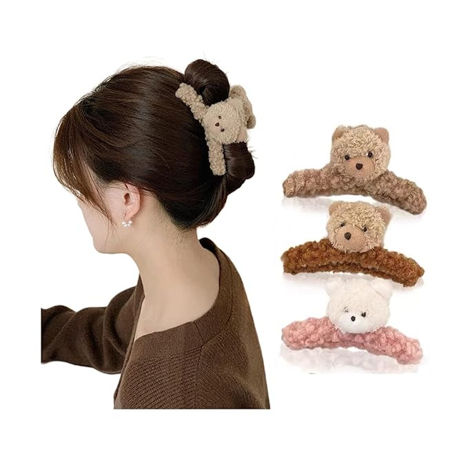 3 Pcs 4.72 Inch Large Hair Claw Clips Cute Fluffy Plush Bear Hair Catch Barrette Jaw Clamp for Wo... | Amazon (US)
