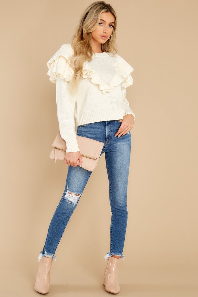 Caprice White Ruffle Knit Sweater | Red Dress 